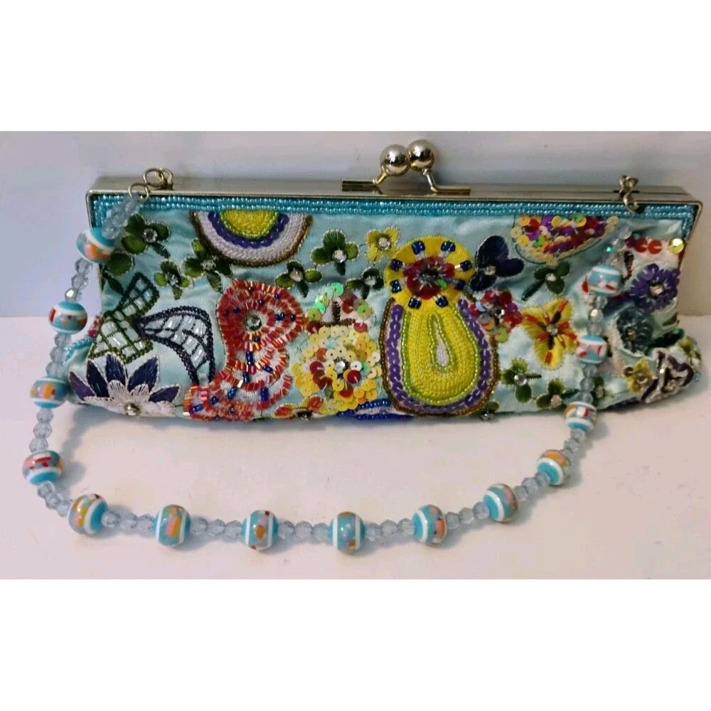 Vtg Y2K Beaded Sequin Mosaic Clutch Purse Kiss Lock Colorful Boho Evening Bag